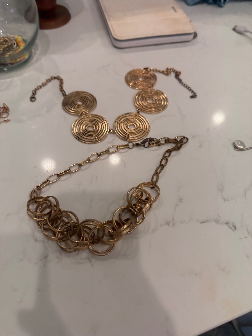 Gold Statement Necklace - Layered Ring & Chain Design